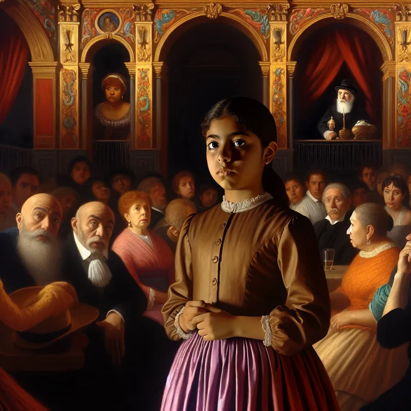 Jong meisje toont volwassen gedrag in een barokke setting met verbaasde volwassenen om haar heen