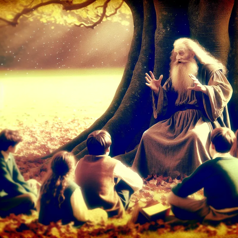 Een wijze, oudere man met een lange baard zittend onder een grote, oude boom, terwijl hij lesgeeft aan jonge studenten in een serene park.