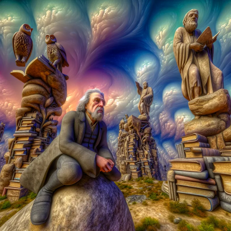 Een oudere man met een wijze uitdrukking zit op een grote, verweerde steen in een surrealistisch landschap, omringd door monumentale sculpturen die kennis en wijsheid symboliseren.