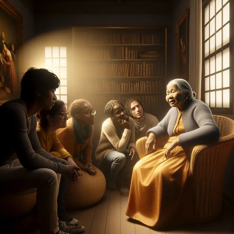 Een wijze vrouw zit in een comfortabele stoel terwijl ze naar een diverse groep geïnteresseerden luistert, omgeven door een serene en gezellige sfeer.