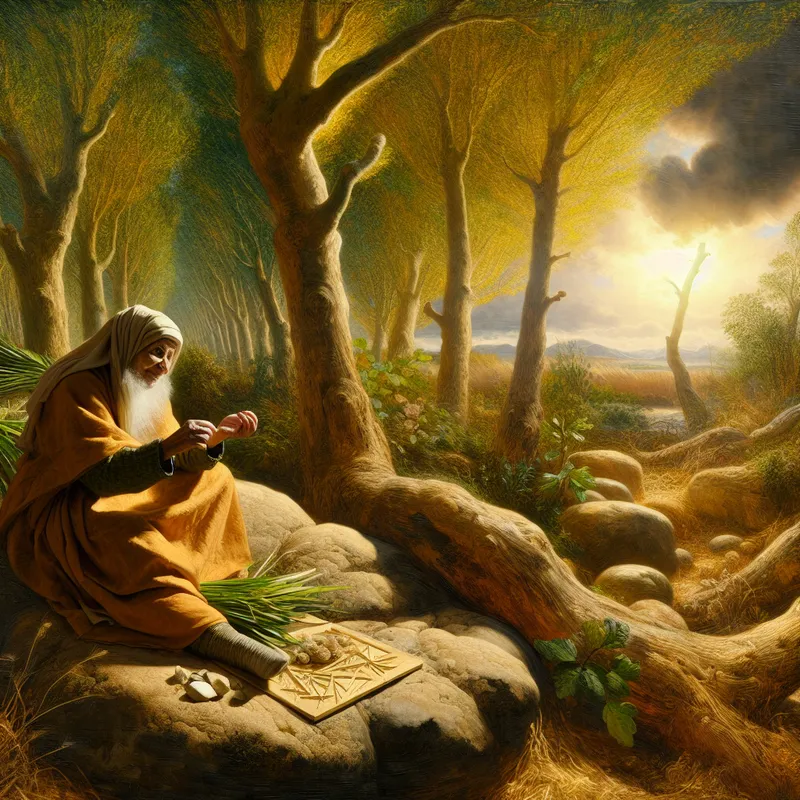 Een wijze bejaarde vrouw zit op een grote steen in een zonovergoten bos, diep in gedachten terwijl ze een complex puzzel opgelost met natuurlijke materialen zoals bladeren en stenen.