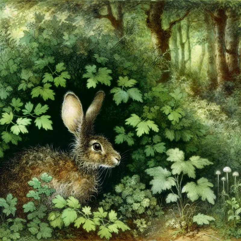 Een wild konijn verscholen tussen groene struiken in een bos, alert met omhoogstaande oren