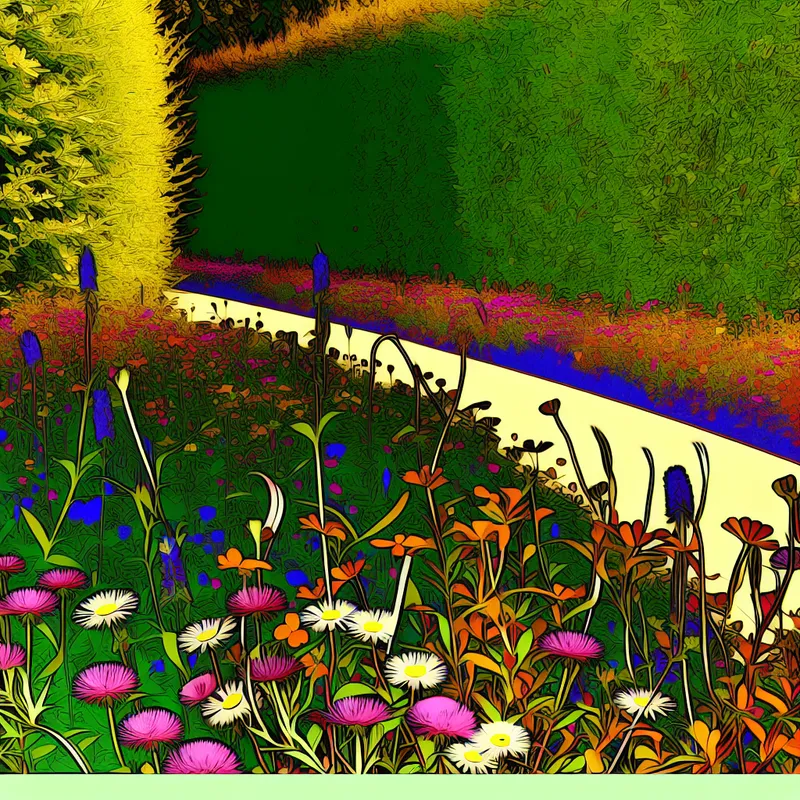 Retro-futuristische illustratie van een wild bloeiende tuin met een kronkelend fietspad omzoomd door ongekweekte wilde bloemen en grassen