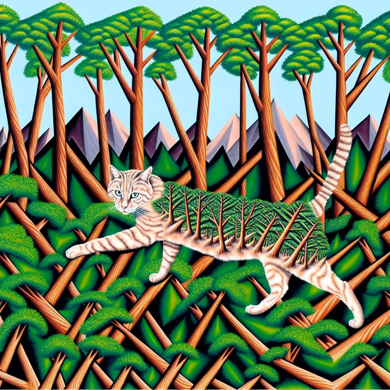 Een wilde kat die zich door een dicht bos beweegt, weergegeven in een surrealistische en geometrische stijl.