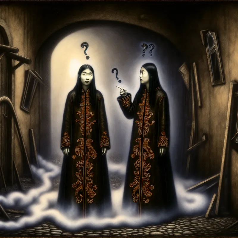 Twee personen in donkere jassen met ingewikkelde borduursels in een gotische steeg, verrast door een onverklaarbare gelijkenis, symbolisch voor willekeurige gebeurtenissen