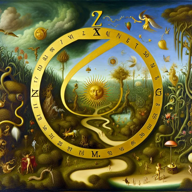 Surrealistische voorstelling van windrichting zuid met gouden 'Z', zon, tropische planten en fantasiewezens in de stijl van Hieronymus Bosch