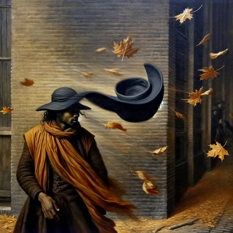 Dramatische scène van een hoed die door een windvlaag van een man wordt weggeblazen, met ronddwarrelende herfstbladeren in Rembrandt-stijl