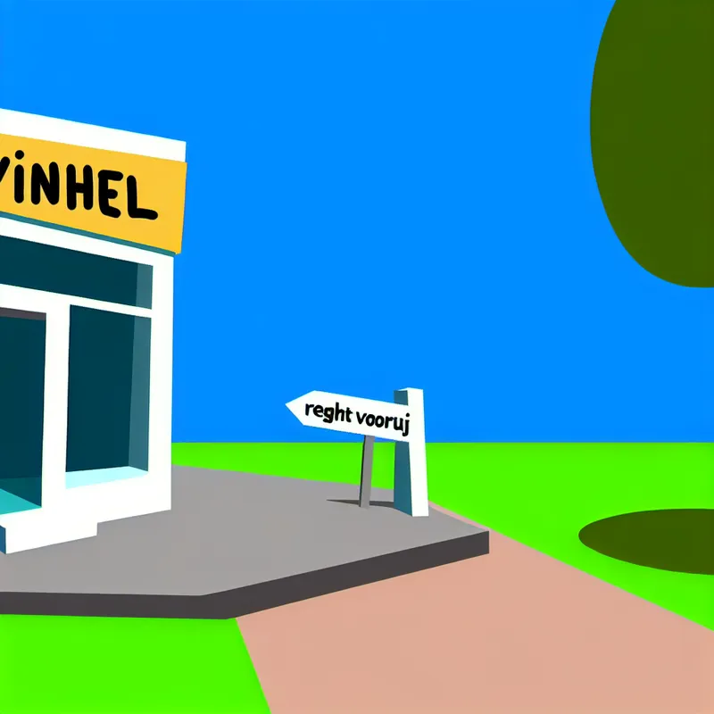 Minimalistische illustratie van een winkel met het woord 'winkel' op de gevel, gezien vanuit een laag perspectief, met een kind dat naar de winkel loopt