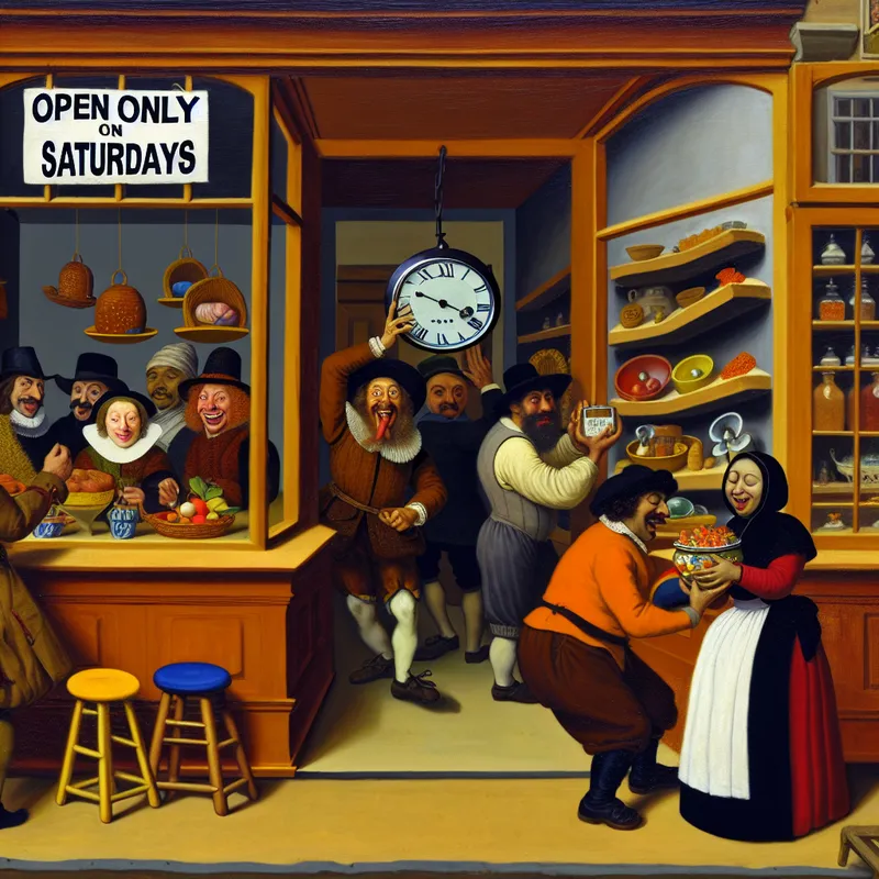 Een levendige en humoristische scène in een winkel, met een groot bord 'Alleen open op zaterdagen' en een diverse groep mensen die interactie hebben.