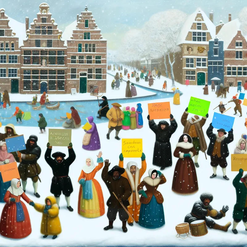 Een winterlandschap met een diverse groep mensen in warme kleding die demonstreren met kleurrijke borden in de sneeuw.