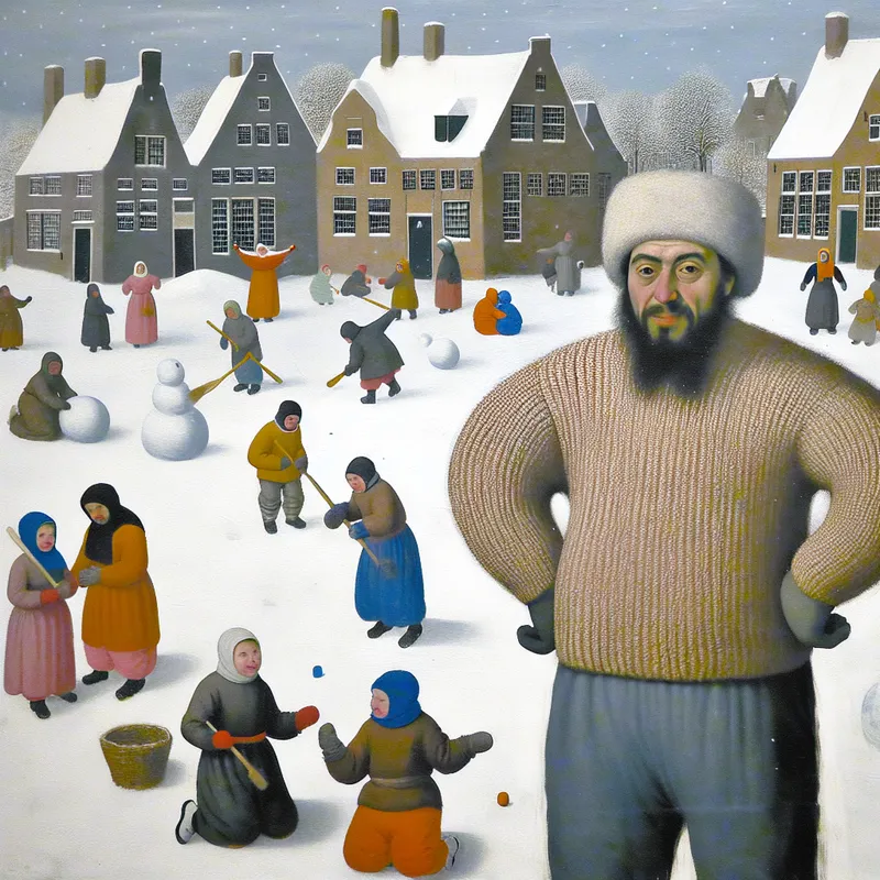 Een man in een dikke trui staat op een met sneeuw bedekte straat te midden van een winterse scene.