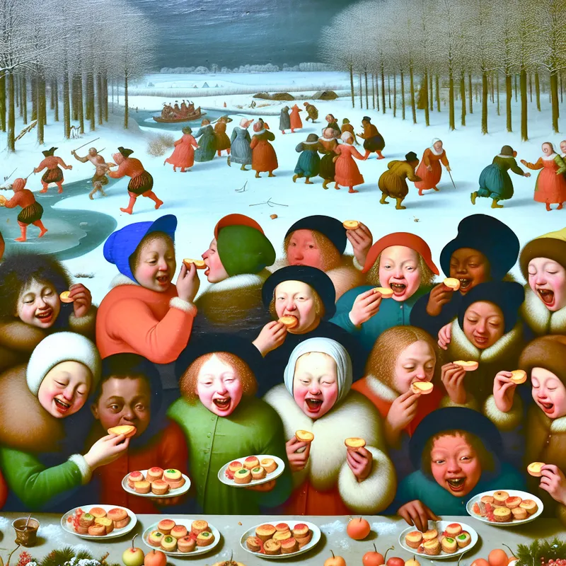 Vrolijke kinderen genieten van kleine porties lasagne op een sneeuwbedekt terras in een winterlandschap.