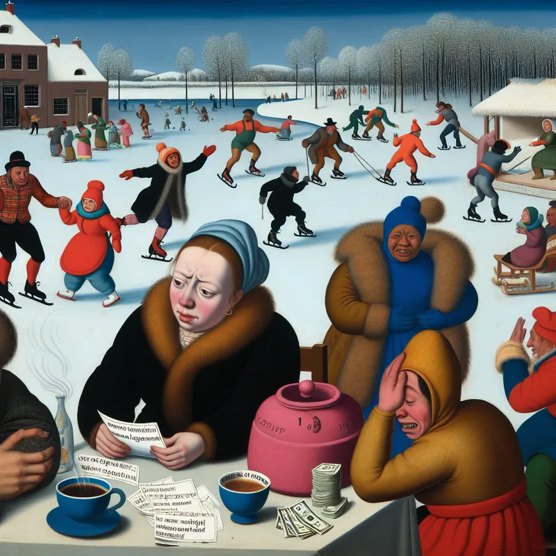 Een familie samenkomst in de winter, waar een vrouw haar uitgaven berekent te midden van verspreide rekeningen, met andere familieleden die koffie drinken en over financiële strategieën praten op een besneeuwde achtergrond.