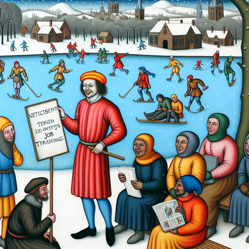 Gezellige winterlandschap met mensen die zich bezighouden met activiteiten op een plein, inclusief een jonge man met een bord dat werktrainingen aankondigt.