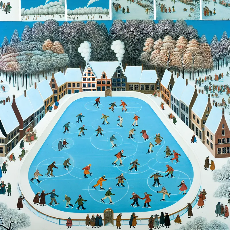 Een winterlandschap met een ijsbaan waar blije figuren aan het dansen en schaatsen zijn, omringd door besneeuwde bomen en kleine huisjes.