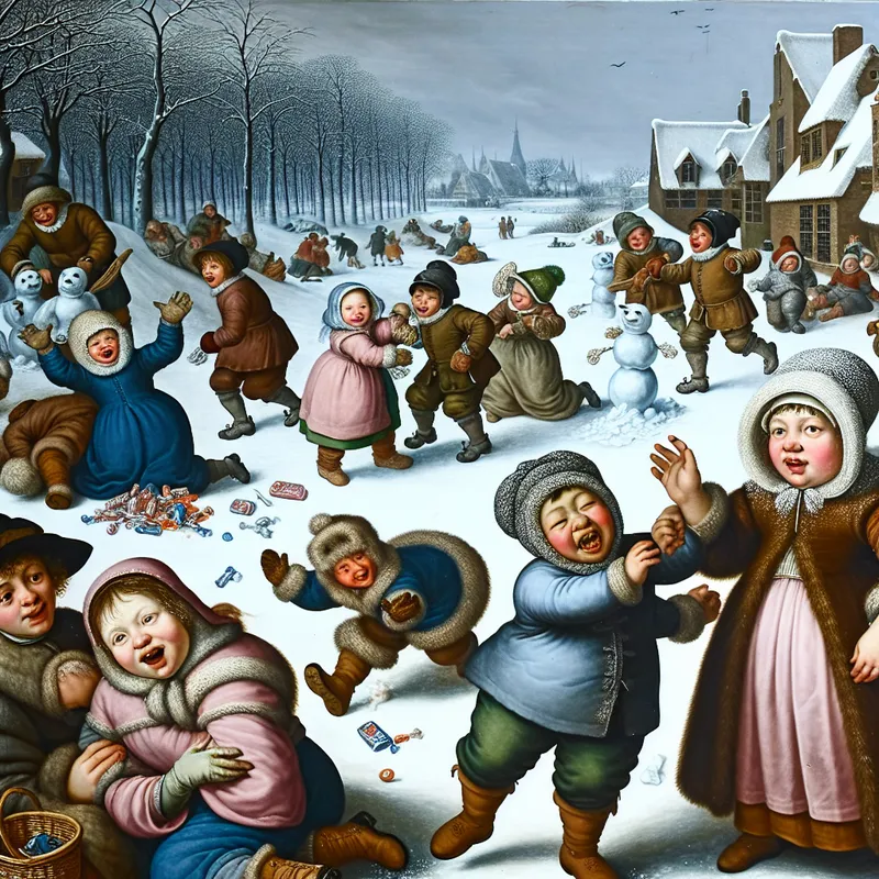 Een winterse scène met kinderen die klagen over te weinig snoep aan hun moeder, en andere kinderen die in de sneeuw spelen.
