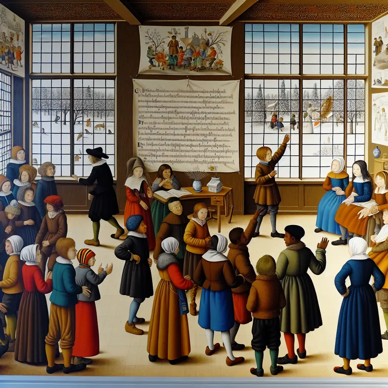 Een winterse klaslokaalscène met kinderen die over duurzaamheid discussiëren, geïnspireerd door de stijl van Hendrick Avercamp.