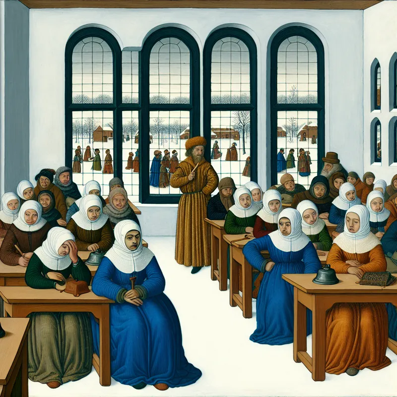 Klaslokaal in de winter met leerlingen die somber zijn na een meningsverschil, een bezorgde leraar staat vooraan.