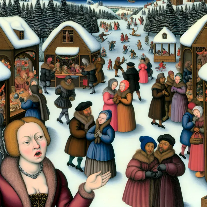 Een vrouw met een verbaasde uitdrukking houdt een spraakwolk vast in een winterse marktscène met mensen die winkelen en interacties hebben.