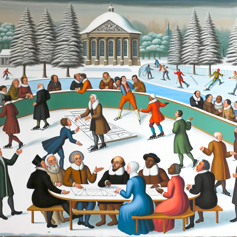 Een diverse groep van onderzoekers en studenten in een winterse buitenomgeving, verdiept in een seminar, omringd door sneeuw en een ijsbaan