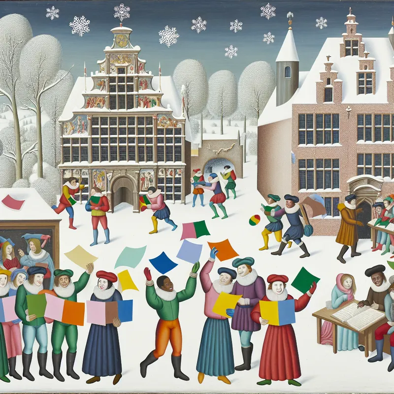 Groep studenten in de winter, voor een historisch gebouw, terwijl ze enthousiast hun studiebeursaanvragen indienen.