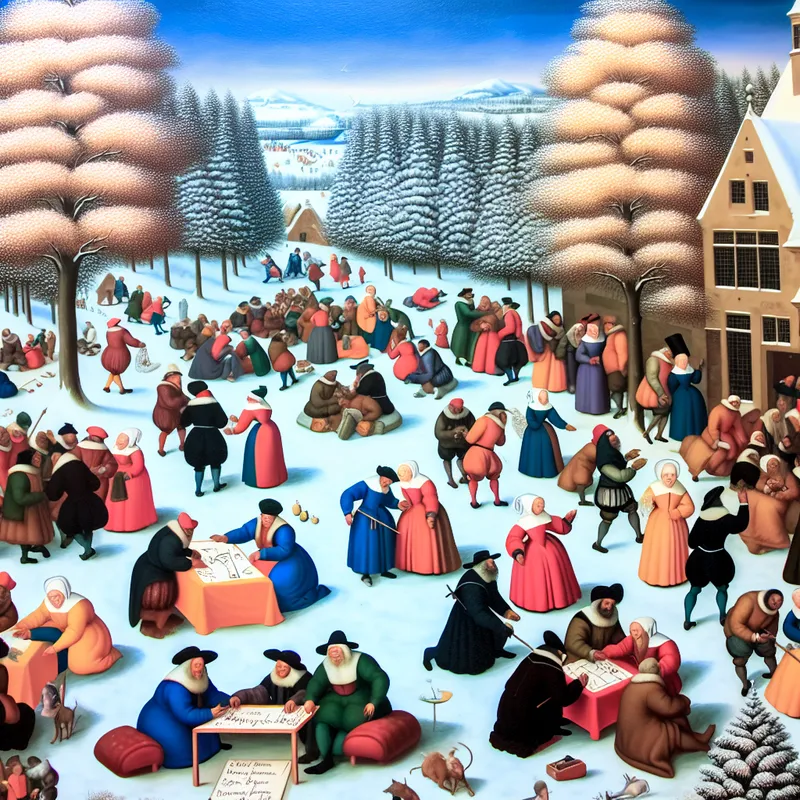 Drukke winterse scène met diverse mensen die plannen bespreken in de sneeuw.