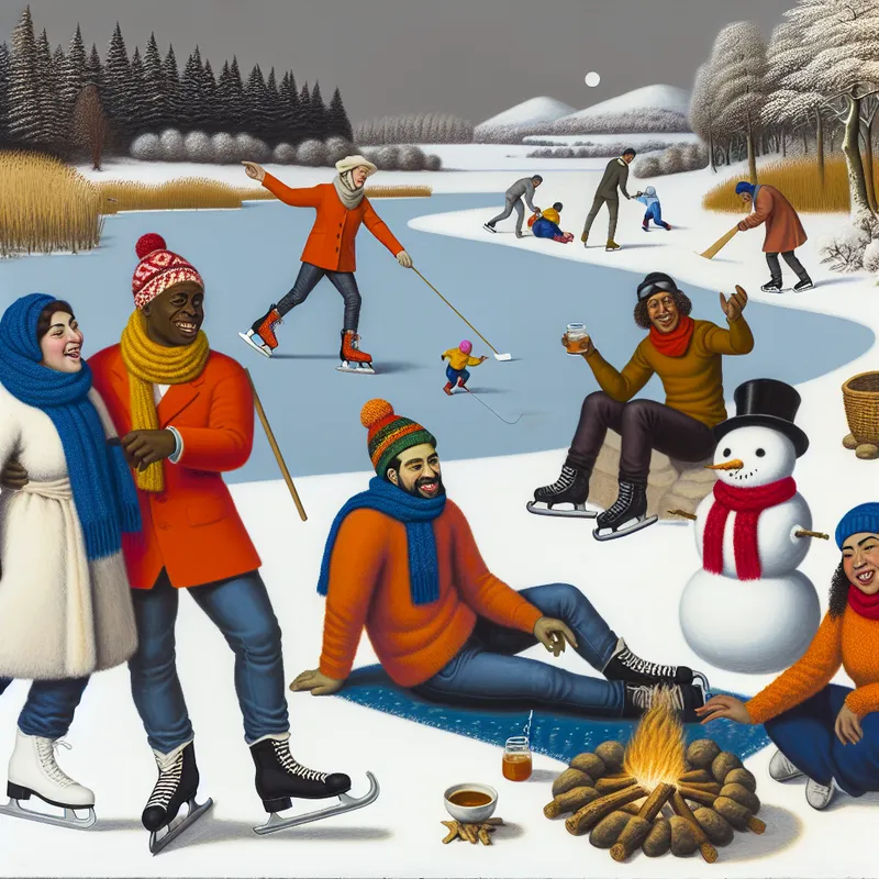 Een groep vrienden geniet van winteractiviteiten zoals schaatsen, sneeuwpoppen bouwen en warme dranken drinken bij een kampvuur.