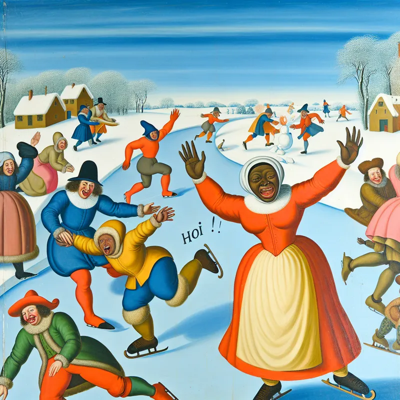 Groep vrienden in een sneeuwlandschap met iemand die enthousiast 'Hoi!' zegt.