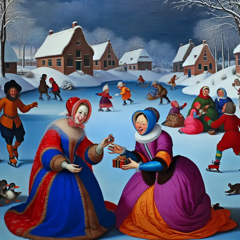 Twee vrouwen in kleurrijke winterkleding lachen en delen een geschenk in een sneeuwachtige dorpsscene.