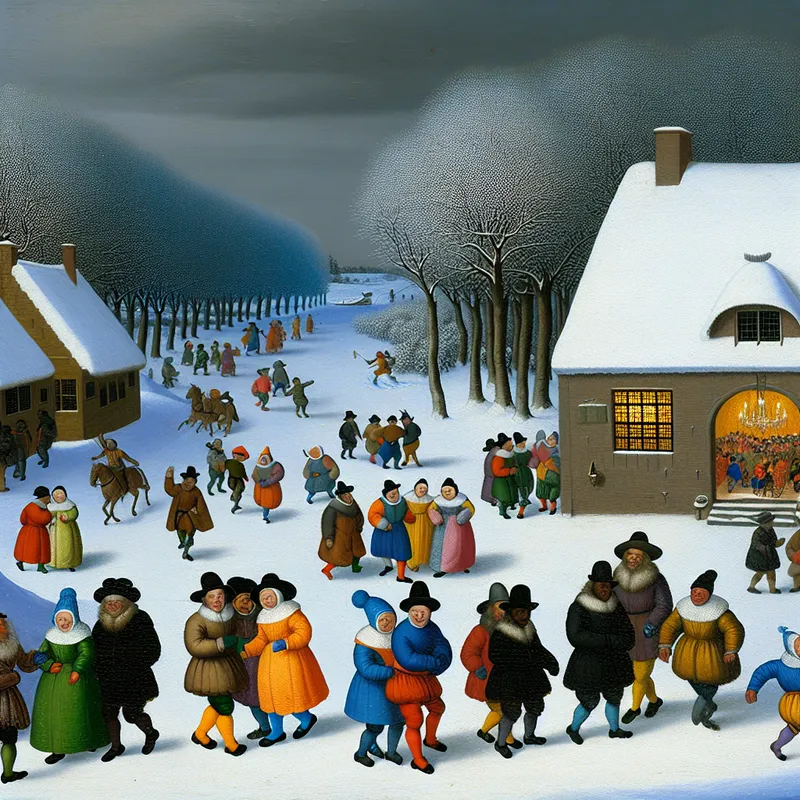 Lively winter scene in Hendrick Avercamp style with colorful figures approaching a festive gathering in a snowy landscape