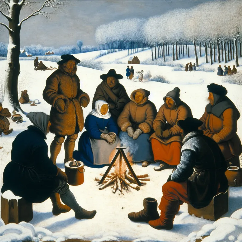 Een kleine groep mensen rond een kampvuur in een besneeuwd winterlandschap, in warme kleding en met serieuze gezichten