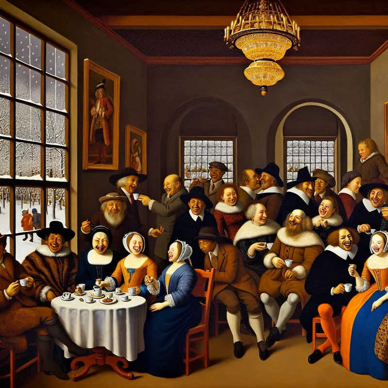 Groep mensen in formele kleding geniet van een pauze met koffie in een gezellige winterkamer