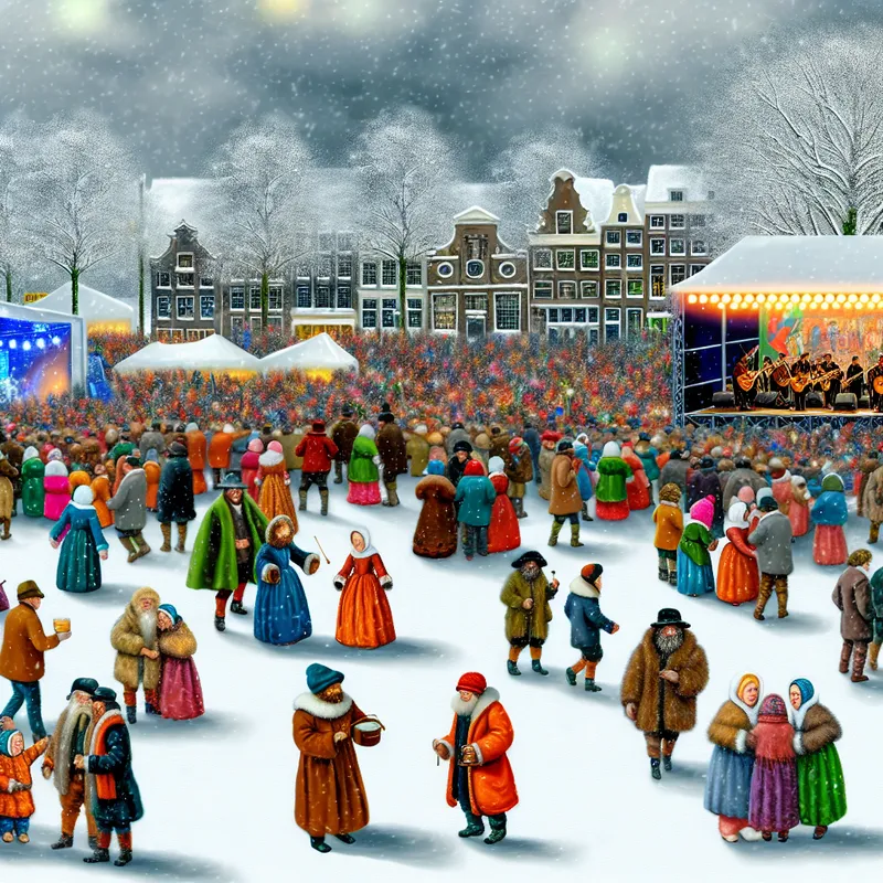 Een levendige winterconcertscène met een grote menigte mensen die buiten van live muziek genieten terwijl sneeuwvlokken vallen.