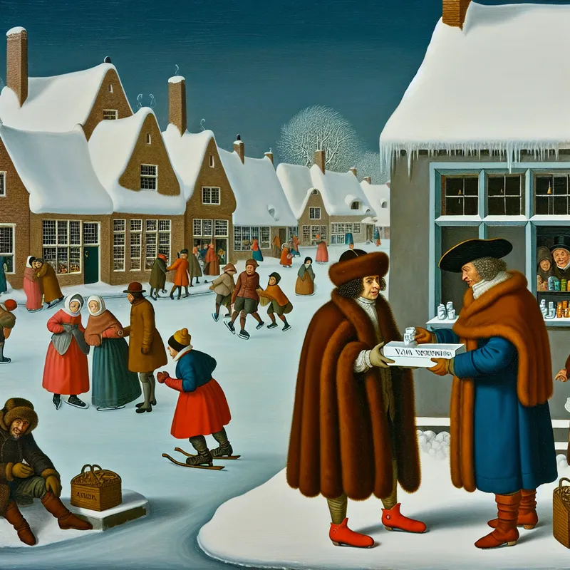 Winterdorp met mensen op ijs, man krijgt recept van dokter bij apotheek