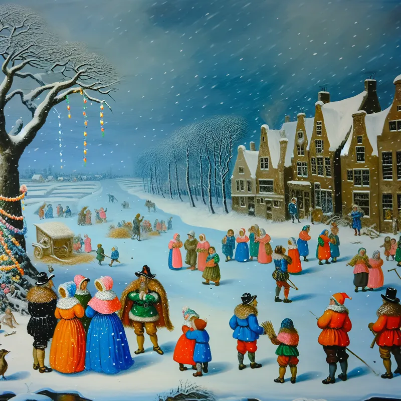 Een winterdorp met kleine figuren in felle winterkleding die somber uitkijken naar een lege feestlocatie terwijl het sneeuwt.