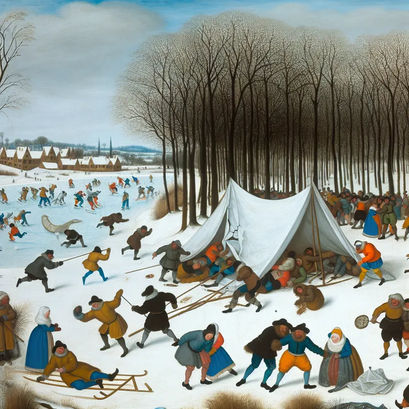 Een levendig winterlandschap met mensen die een festival proberen te organiseren te midden van sneeuwachtige omstandigheden, met een groep die worstelt met een gebroken tent en anderen die een banner opzetten.