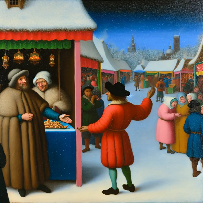 Een levendig winterlandschap met een groep mensen op een festival, waarin iemand vrolijk 'Hoi' zegt.