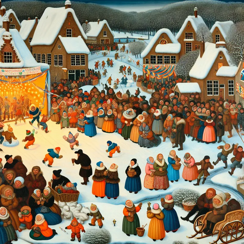 Winter festival scene with a crowd enjoying activities, snow-covered landscape, and festive decorations