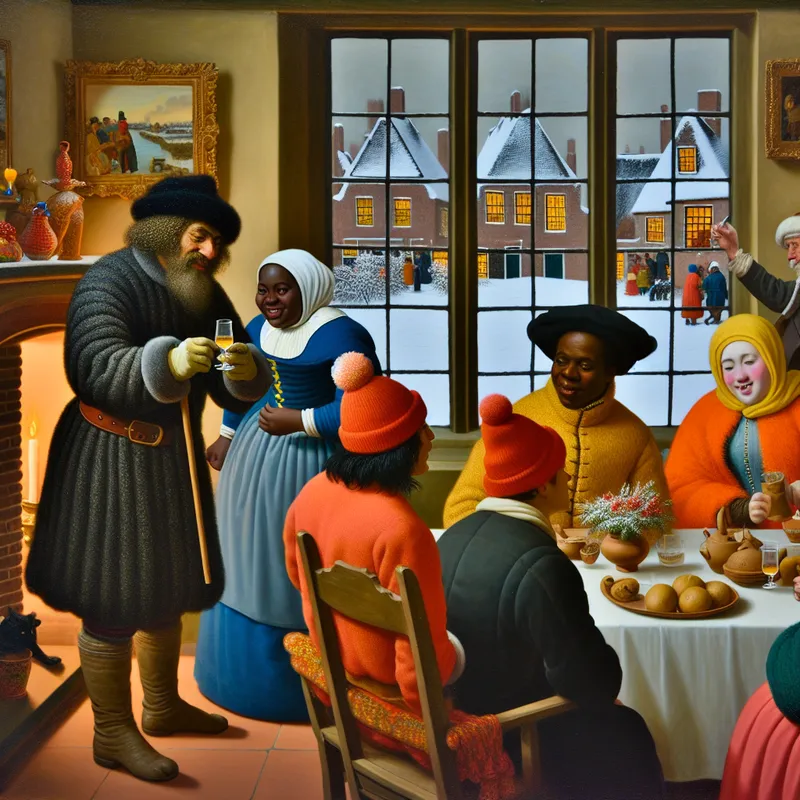 Een groep mensen begroet elkaar vriendelijk in een warm versierde kamer, met 'goedemiddag' als hun groet.