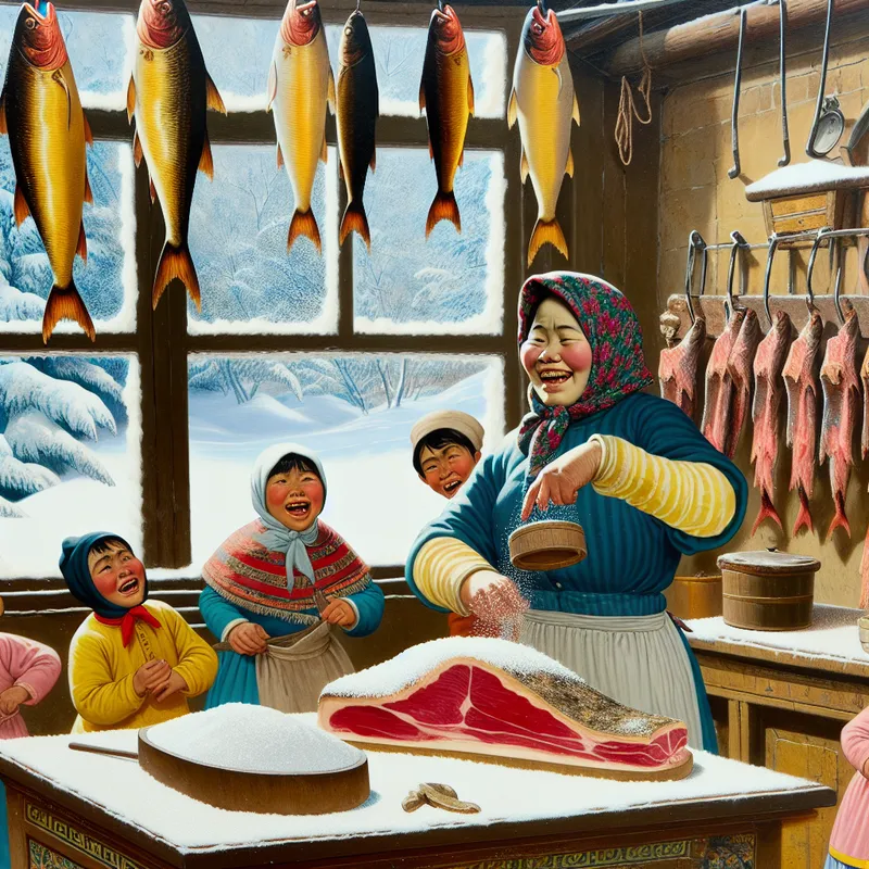 Een chef in traditionele kledij voegt vrolijk zout toe aan een groot stuk vlees op een houten tafel, omringd door opgehangen vis in een warme winterkeuken.