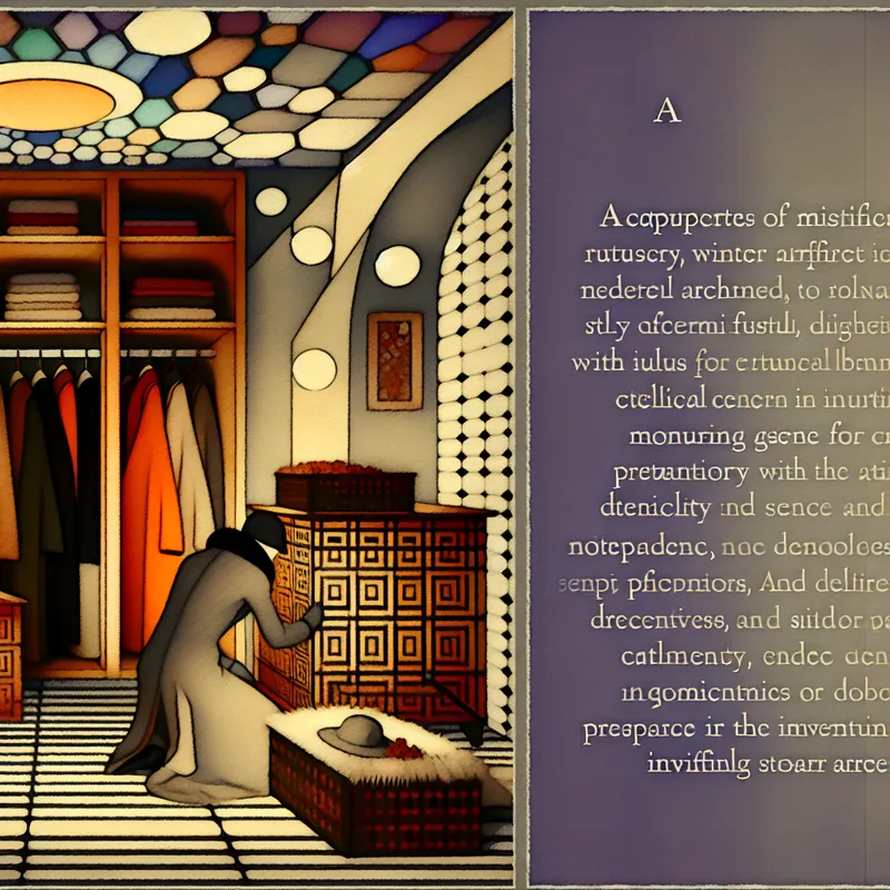 Een persoon plaatst winterkleding in een moderne geometrische kast in een retro-futuristische kelder.