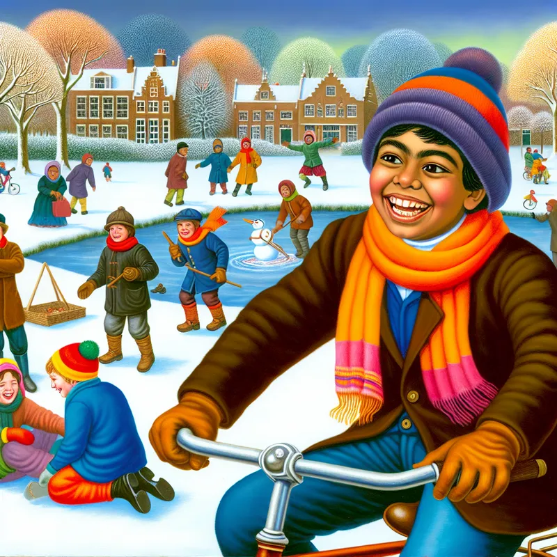 Een kleine jongen kiest vrolijk zijn nieuwe fiets in een sneeuwbedekt park, omringd door vrienden die spelen.