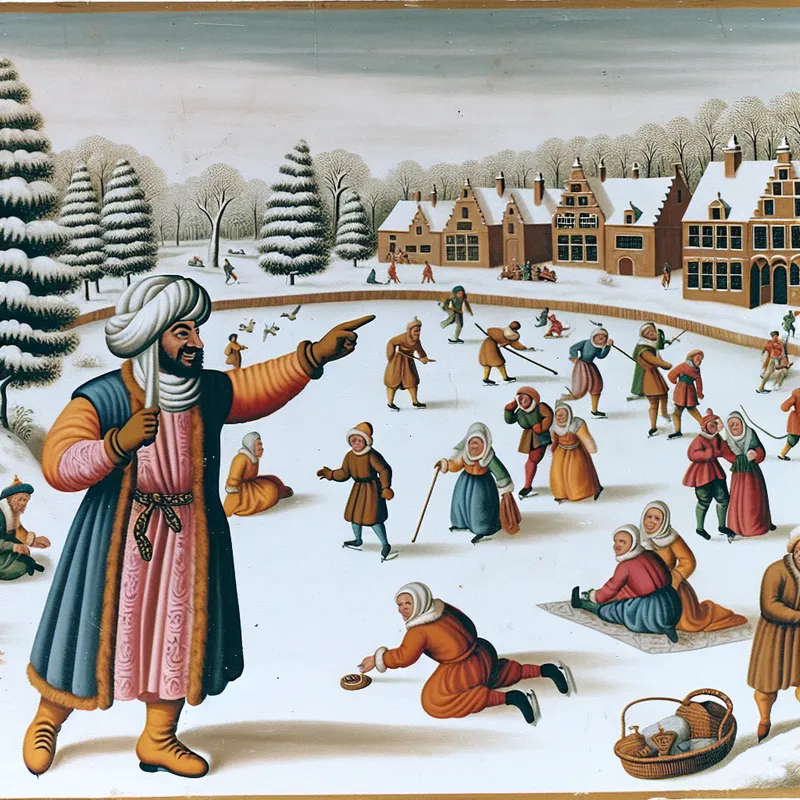 Een man wijst naar een groep mensen die schaatsen en spelen op een bevroren vijver in een winterlandschap met sneeuw bedekte bomen en traditionele Nederlandse gebouwen.
