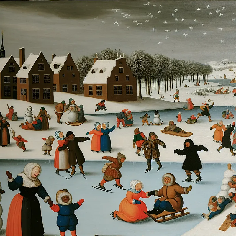 Lente winterlandschap met mensen die schaatsen, sleeën en sneeuwpoppen maken op een bevroren meer.