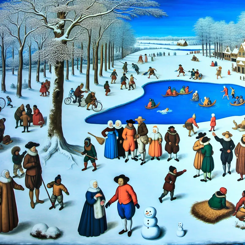 Verwinterlandschap met mensen onder een sneeuwbedekte boom die over een kleine sneeuwman discussiëren, omringd door kinderen die schaatsen en mensen die sleetje rijden.