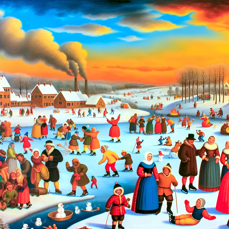 Een winterlandschap met diverse figuren die schaatsen, sneeuwpoppen bouwen en spelen op een bevroren meer, met een dorp op de achtergrond.