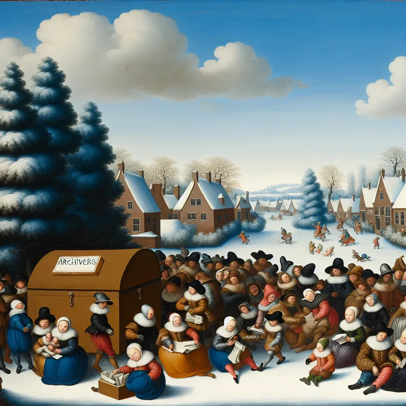 Winterlandschap met mensen die documenten opslaan in een grote archiefkist, geïnspireerd door Hendrick Avercamp.