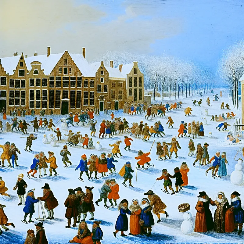 Winterlandschap met schaatsende mensen en sneeuwpoppen op een plein, met 17e-eeuwse Nederlandse architectuur op de achtergrond.