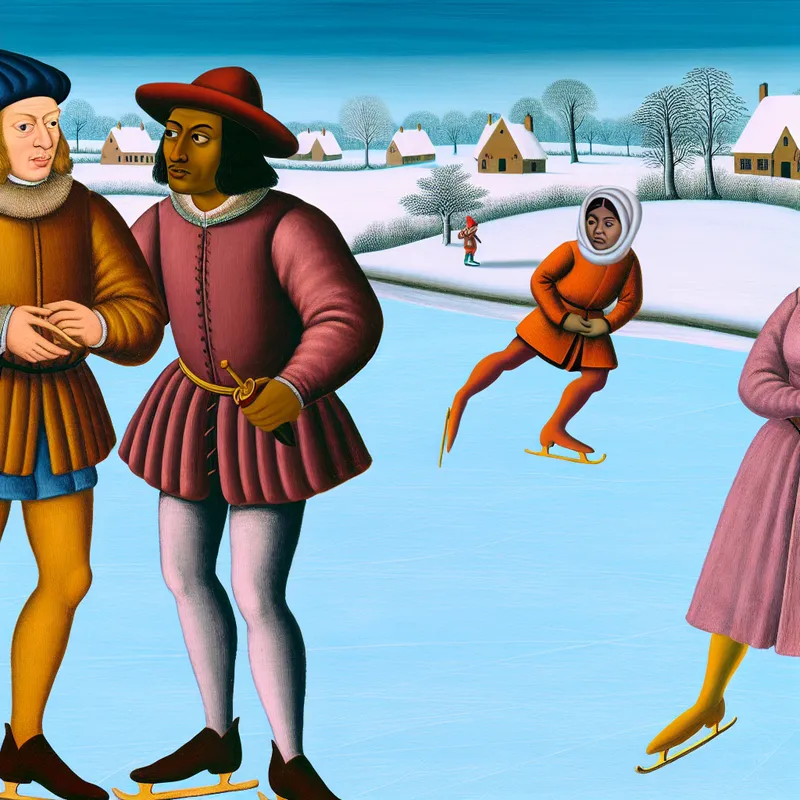 Winterlandschap in Avercamp-stijl met mensen in gesprek en een observerende figuur