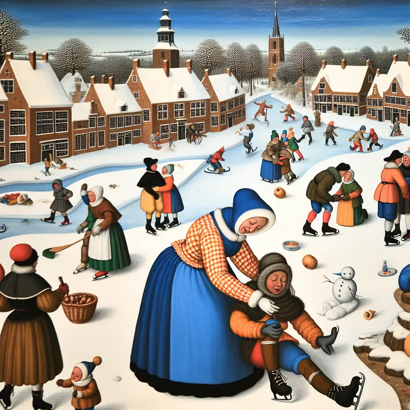 Een levendig winterlandschap met een druk dorp, mensen schaatsend en speelt met sneeuw, en een persoon helpt een kind met schaatsen.